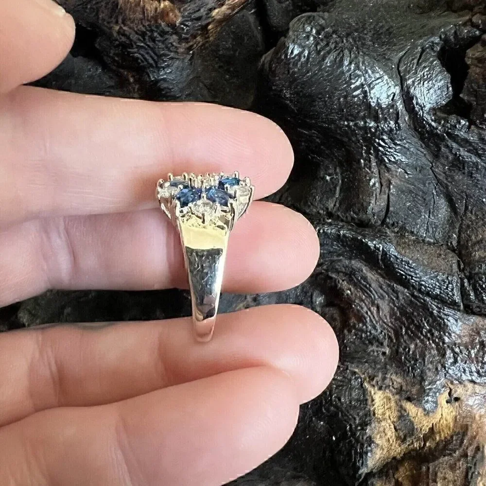 Large Statement Floral Cluster Ring Size 6 Blue Clear Silver Tone Prong Set